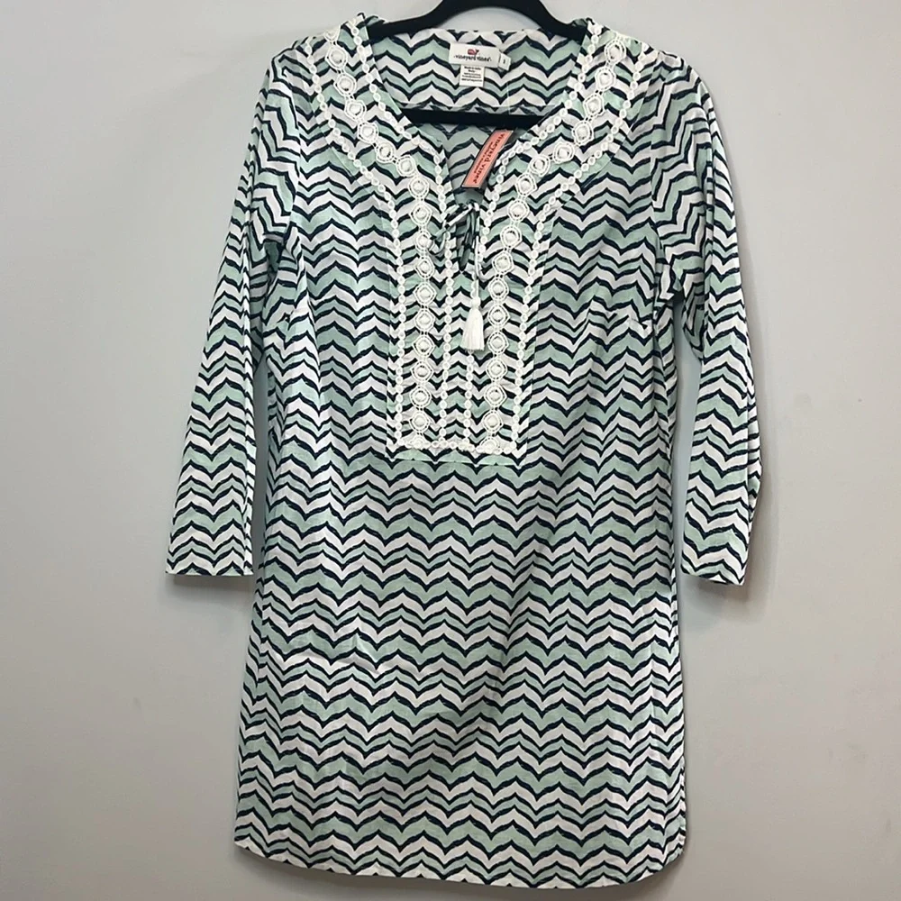 NWT Vineyard Vines Women's Blue White & Teal Wave‎ Pattern 3/4 Long Sleeve Dress